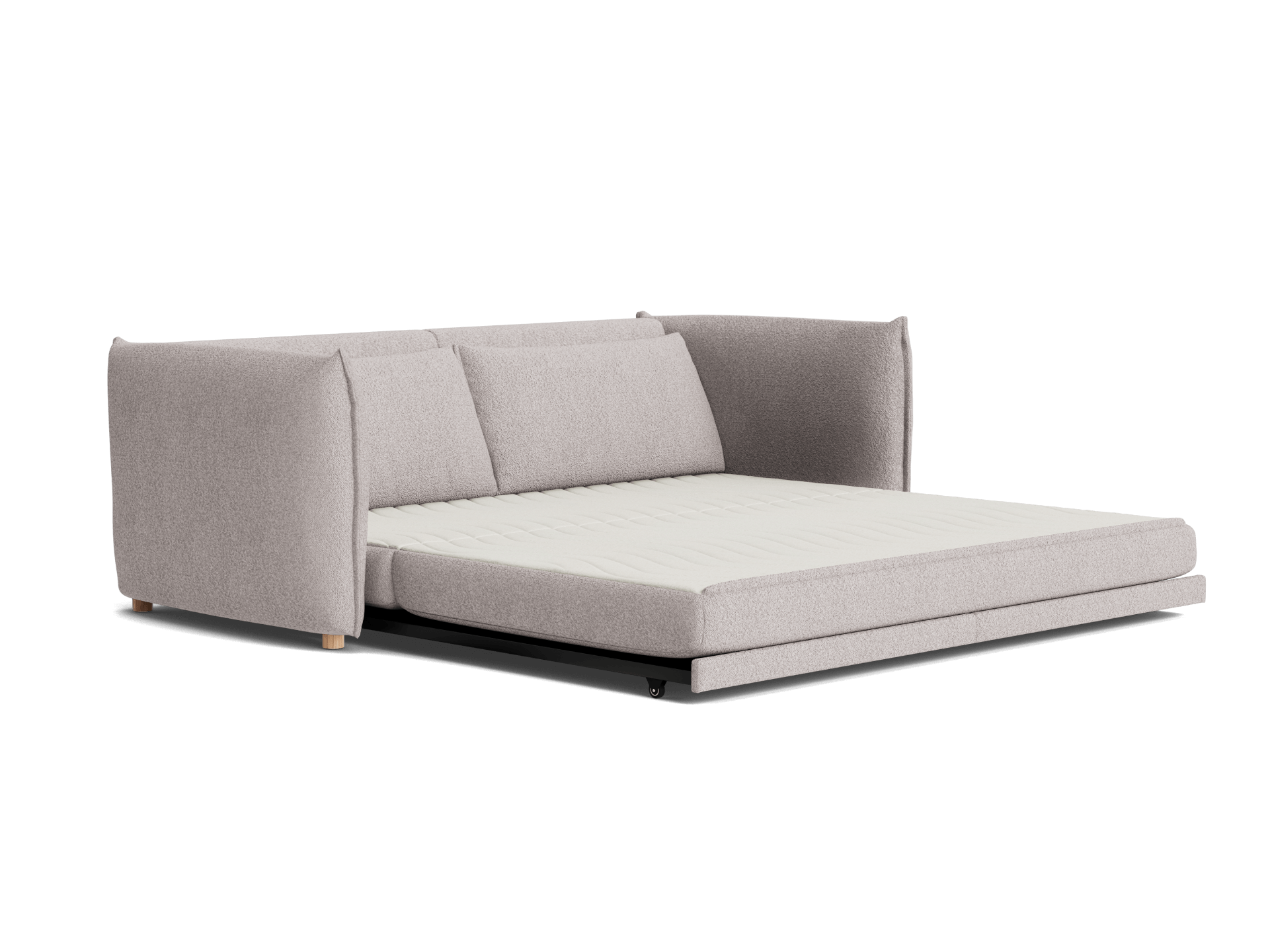 A light grey sofa with a minimalist design, featuring a foldable mattress and plush back cushions, set against a transparent background.