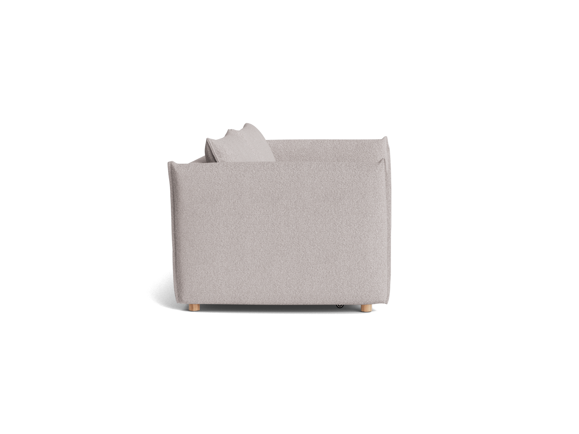 A light grey, modern sofa with a boxy shape and a single cushion, resting on four natural wooden legs.