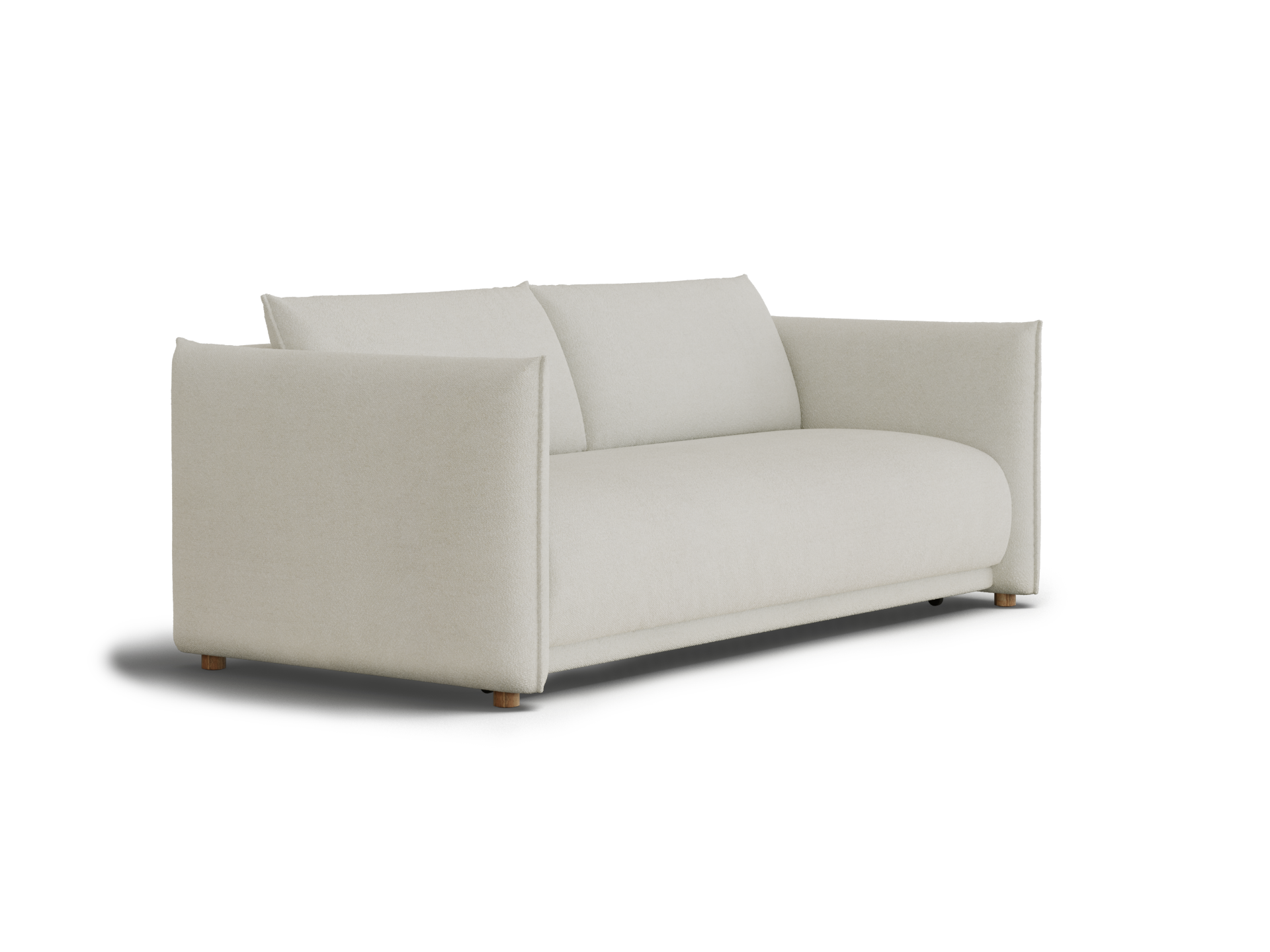 A light beige sofa with square arms and two back cushions, resting on wooden legs, against a black background.