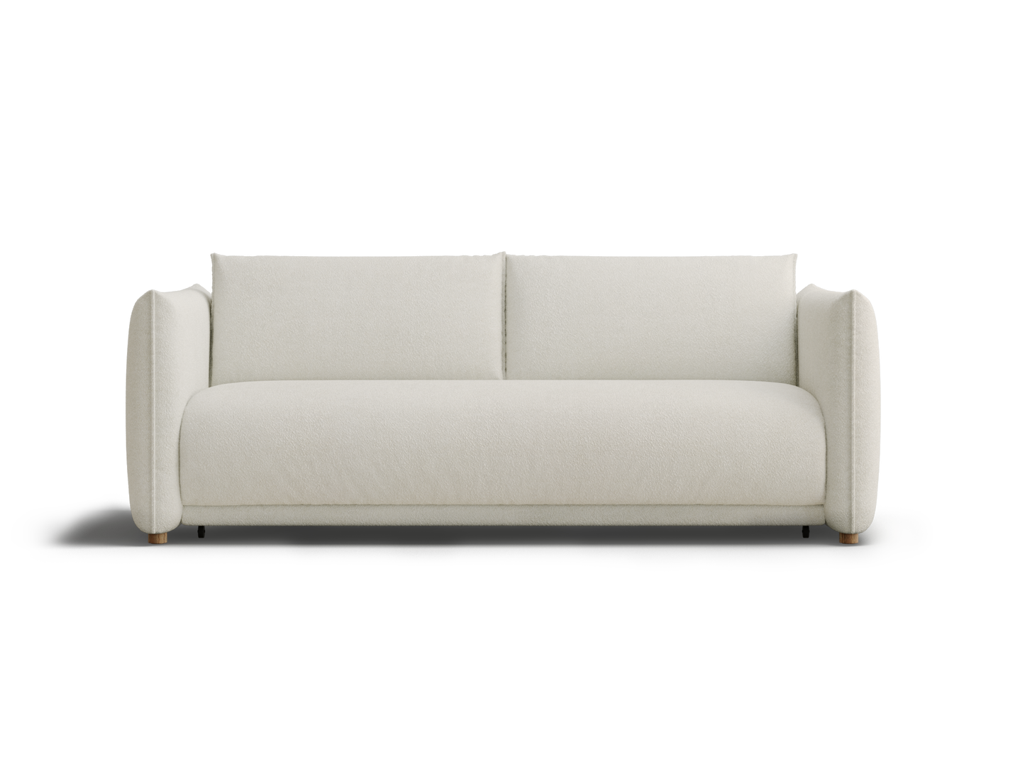 A soft white sofa with rounded arms and two back cushions, featuring wooden legs at the front.