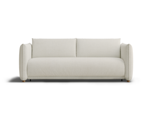 A soft white sofa with rounded arms and two back cushions, featuring wooden legs at the front.