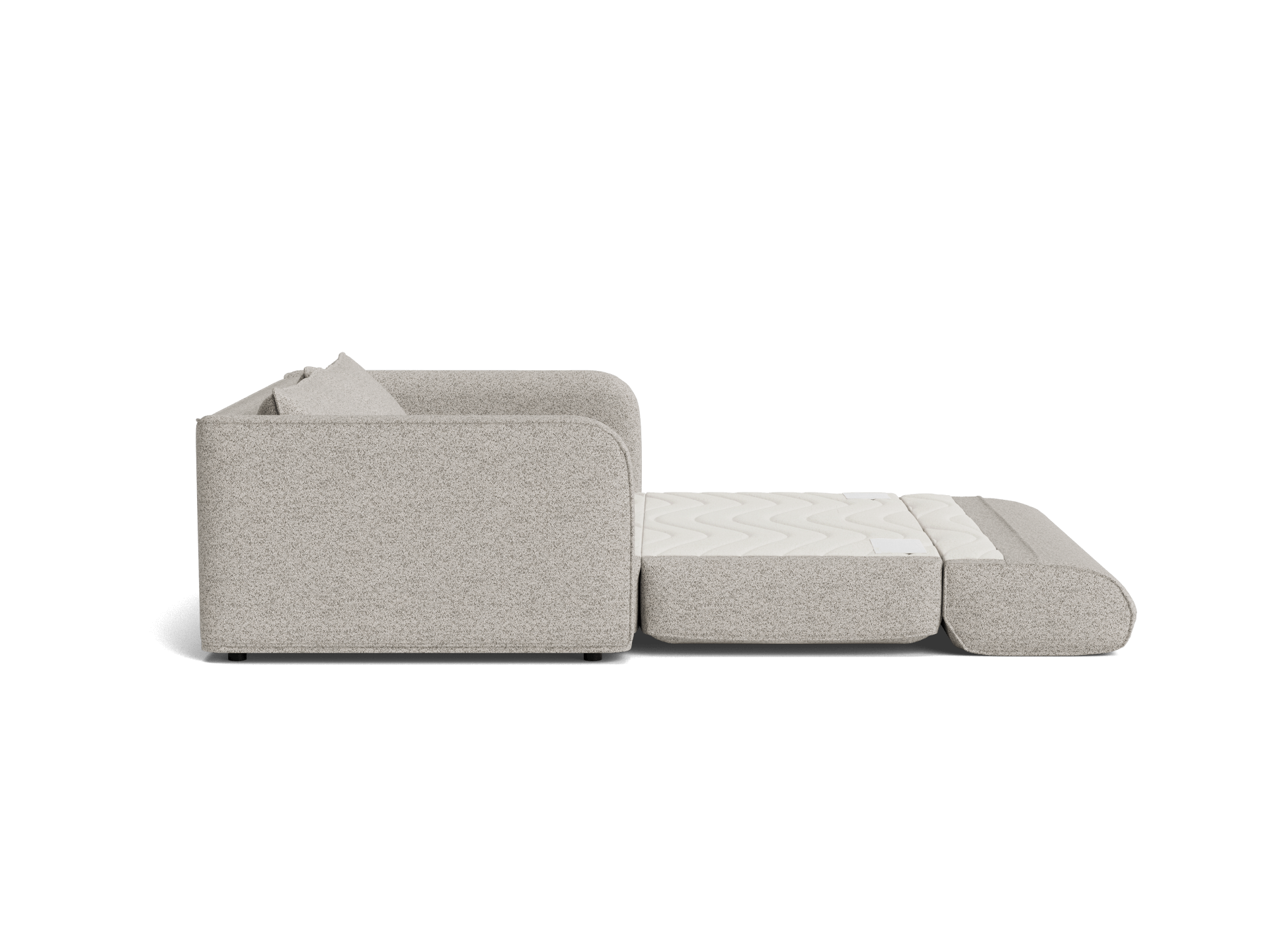 A light grey sofa with rounded edges, featuring a removable cushion and a mattress that unfolds on one side, ready for use.