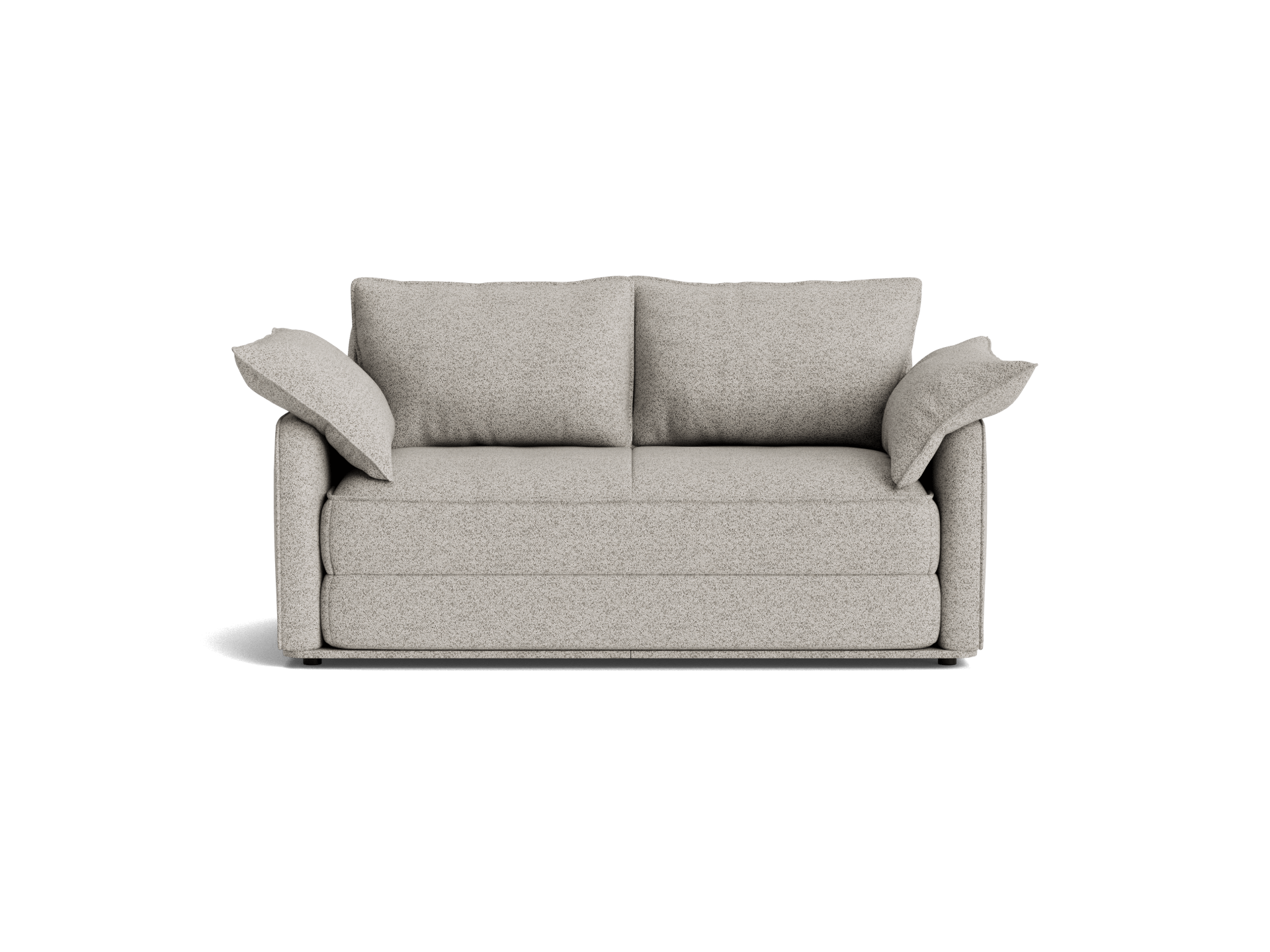 A light grey sofa with matching back and side cushions, featuring a simple, modern design and slightly slouched armrests.