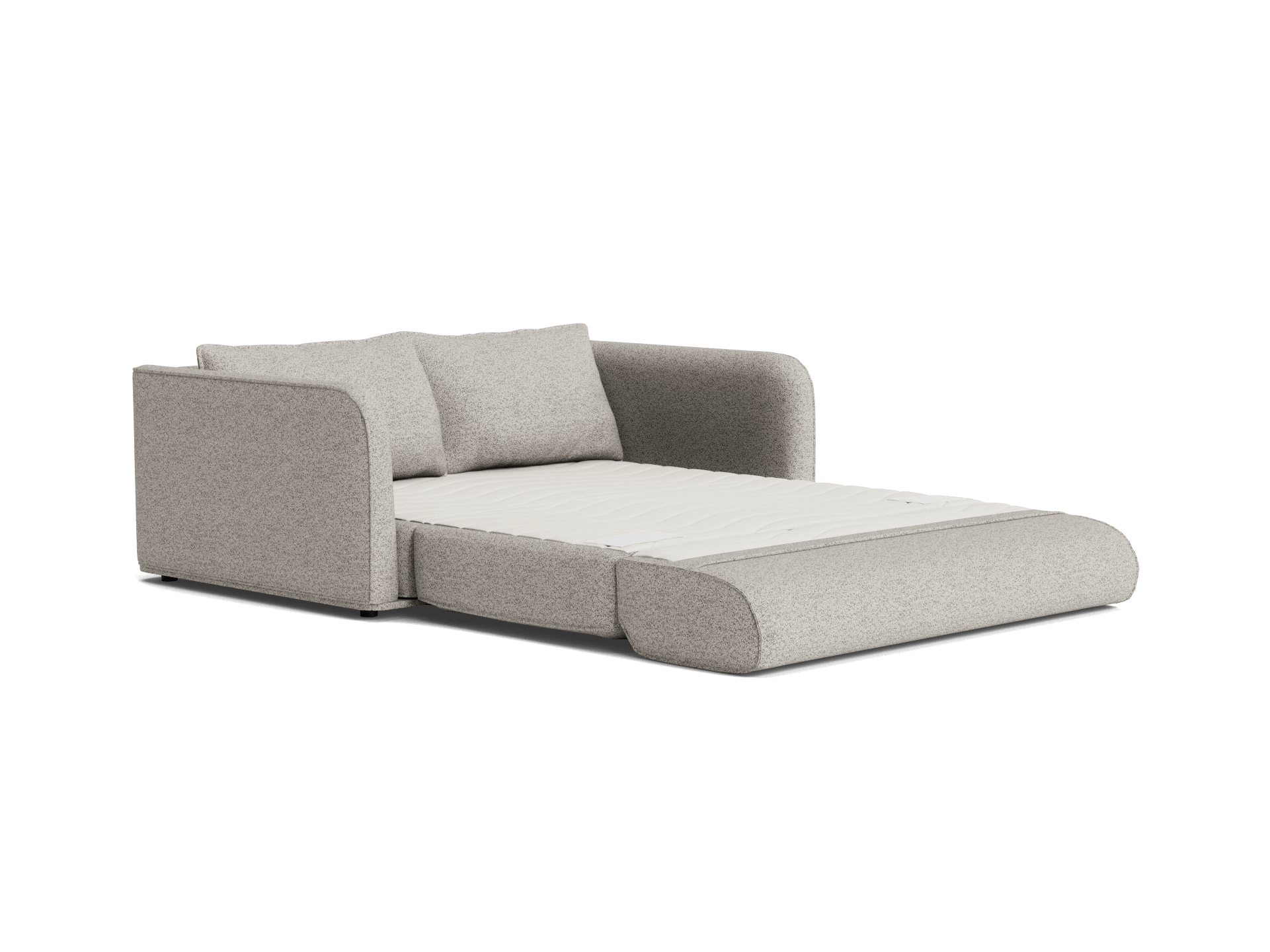 A light grey, modern sofa with soft cushions that converts into a bed, featuring a white mattress area.