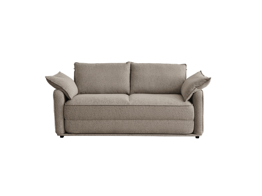 A light beige sofa with textured fabric, featuring two loose back cushions and two arm cushions for added comfort.