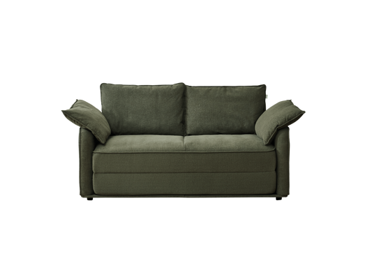 A dark green sofa with two plush back cushions and two arm cushions, featuring a clean, modern design against a black background.