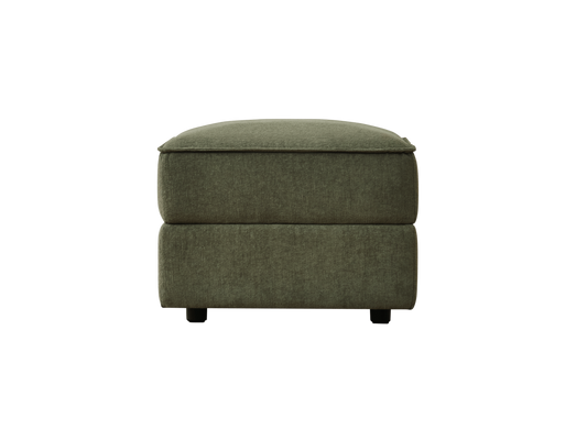 Olive green upholstered ottoman with a padded top and two stacked sections, resting on short black legs.