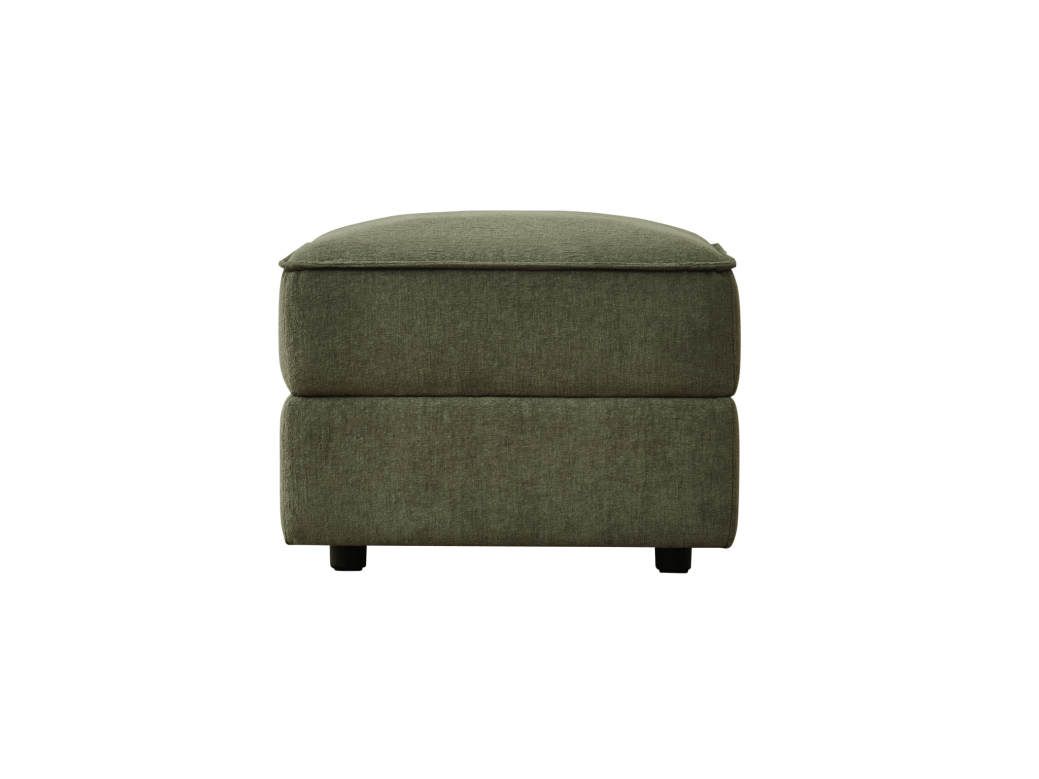 Olive green ottoman with a slightly textured fabric and a flat top, featuring two stacked sections and short black legs.