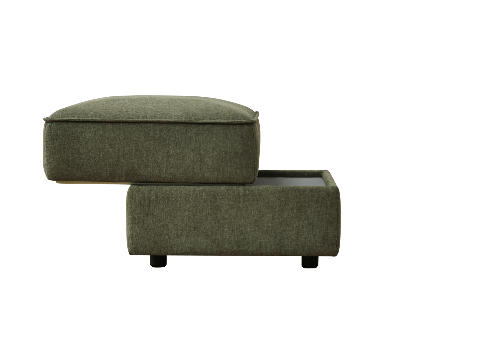 A green upholstered ottoman with a removable top cushion, revealing storage underneath, set against a black background.