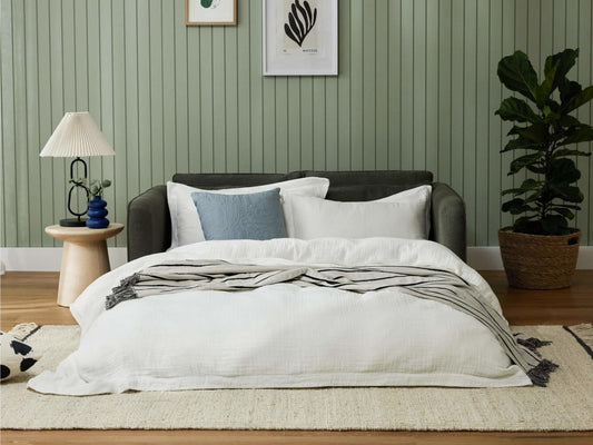 A dark green sofa with white pillows, a light beige blanket with black stripes, and a cream rug. A blue lamp and potted plant add decor.