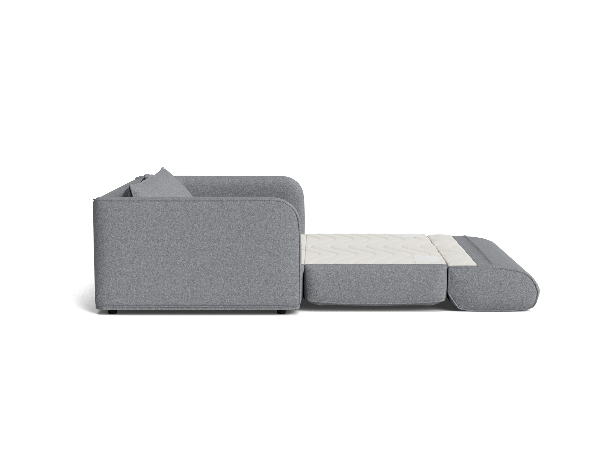 A light grey modular sofa with a cushion, extended into a bed with a white mattress and a grey cover.