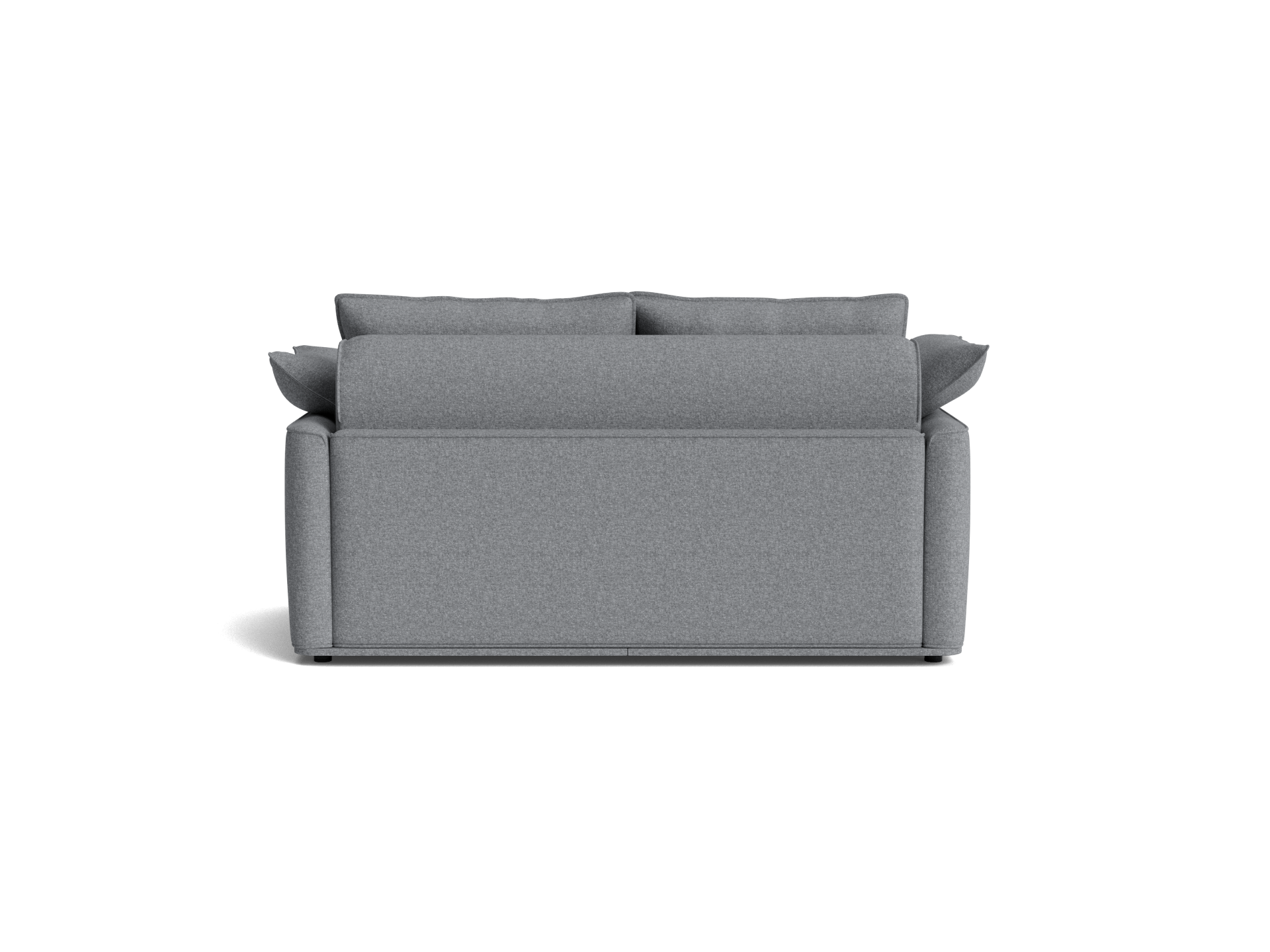 A light grey sofa with plush back cushions and square armrests, viewed from the back against a transparent background.