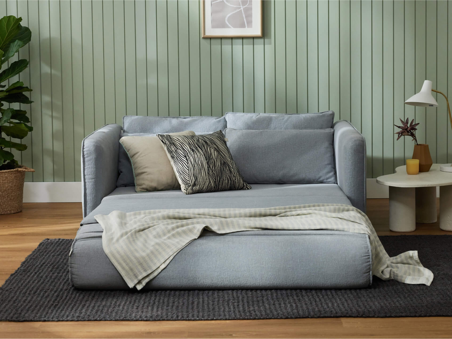 A light grey sofa with two cushions, one beige and one patterned, draped with a striped blanket. Behind, a green paneled wall and a brown plant.