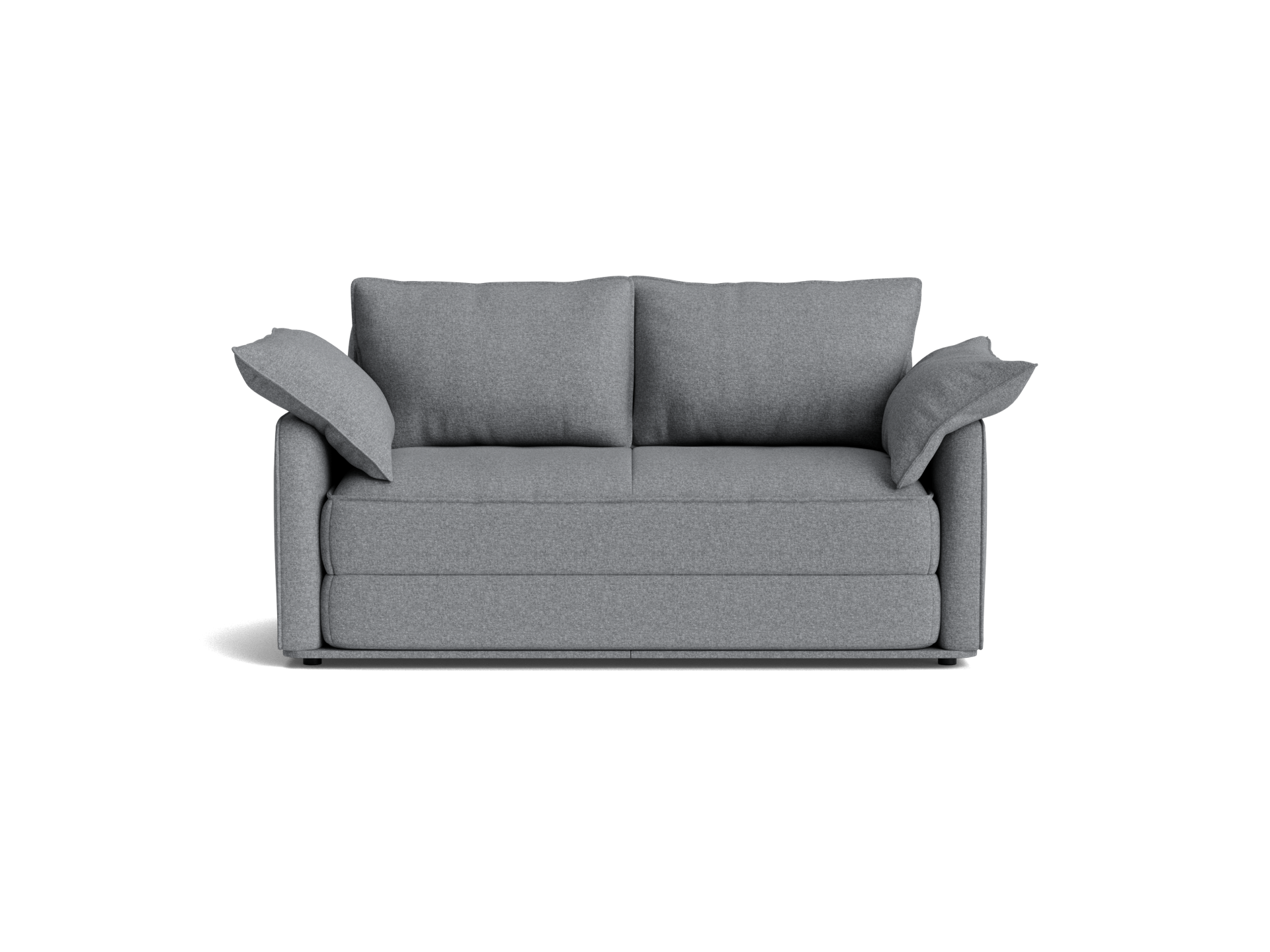 A light grey sofa with two loose cushions and wide armrests, featuring a modern, minimalist design.