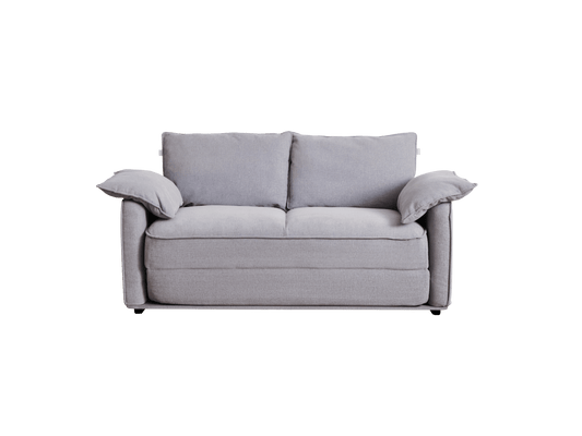 Light grey sofa with two soft back cushions and two slightly larger armrest cushions, set against a black background.