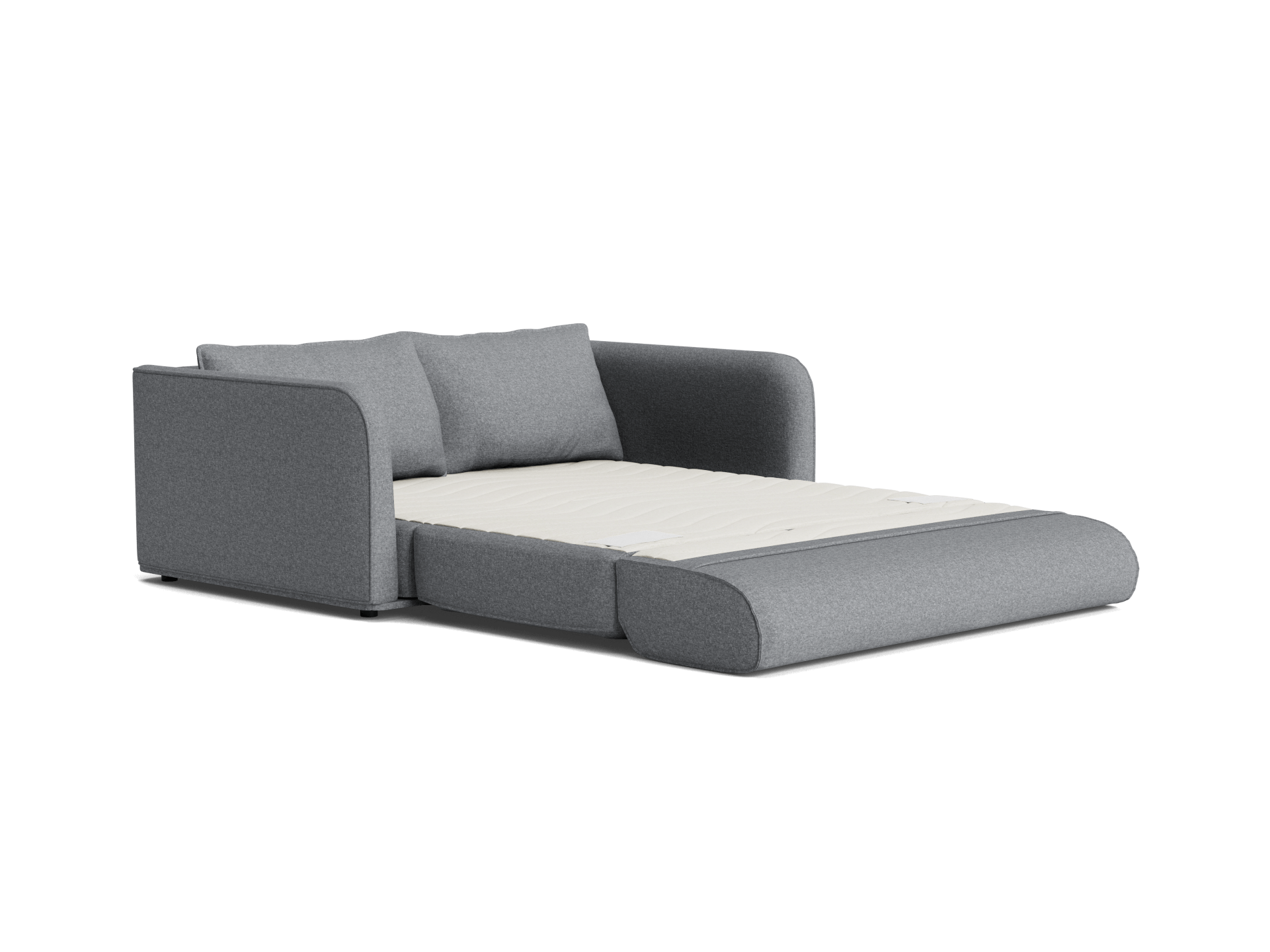 A modern light grey sofa with two cushions, partially converted into a bed, featuring a cream-colored mattress.