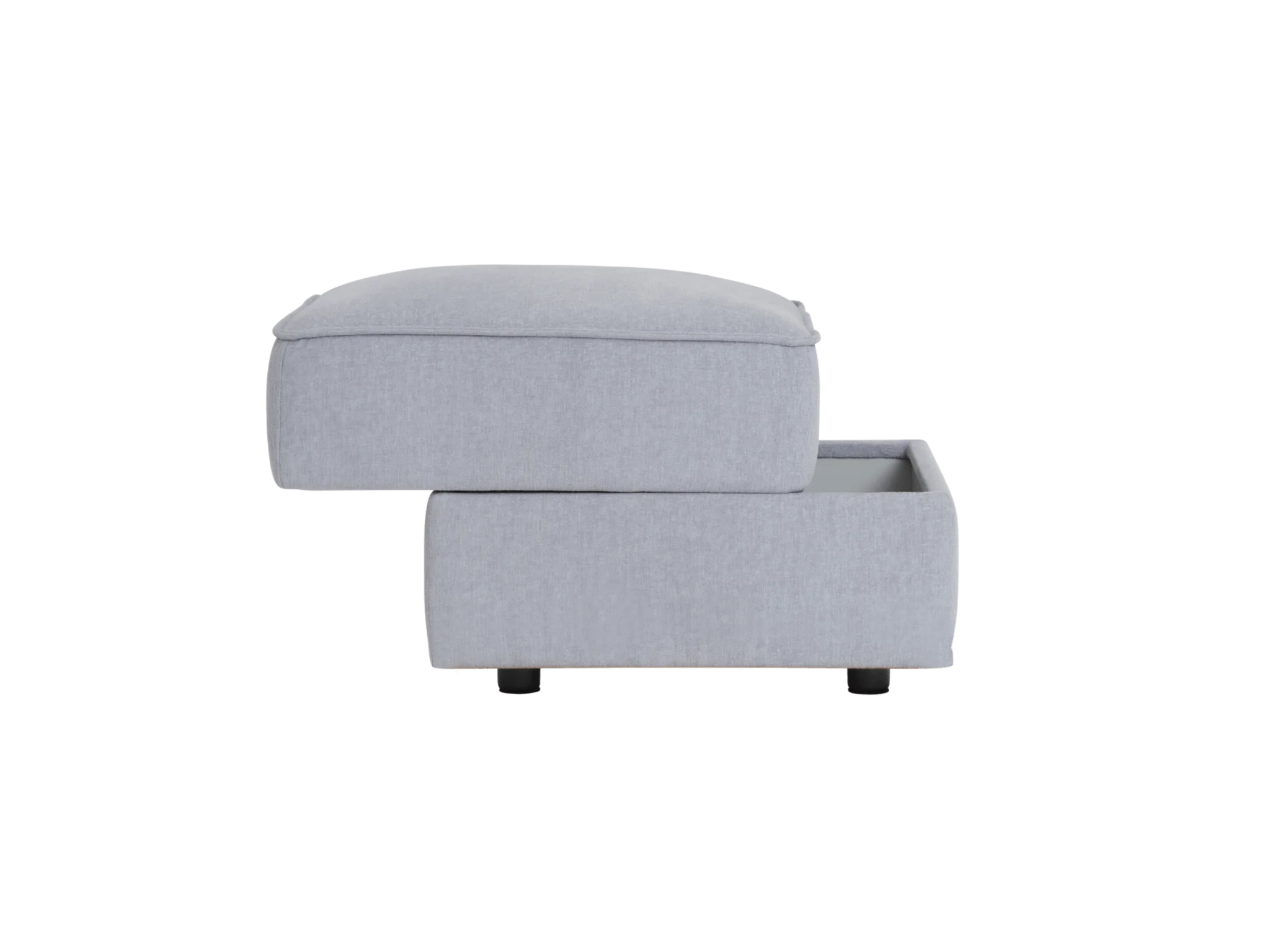 A light grey ottoman with a removable top, showing a drawer below. It has four black legs for support.