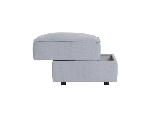 A light grey ottoman with a removable top, showing a drawer below. It has four black legs for support.