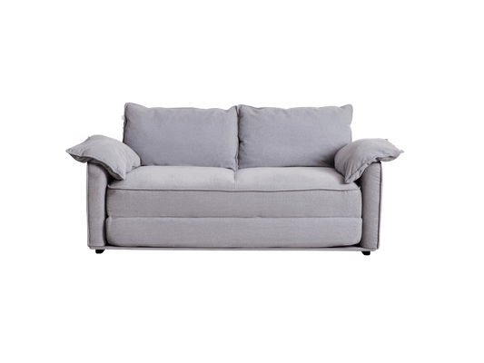 A light grey sofa with two back cushions and curved armrests, featuring a soft fabric texture against a black background.