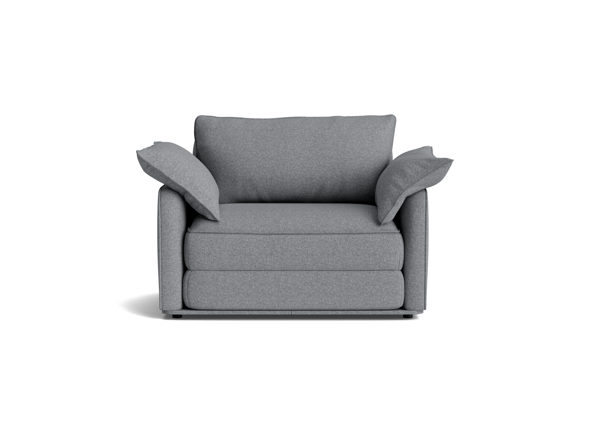 A light grey armchair with plush cushions and wide, relaxing armrests, set against a transparent background.