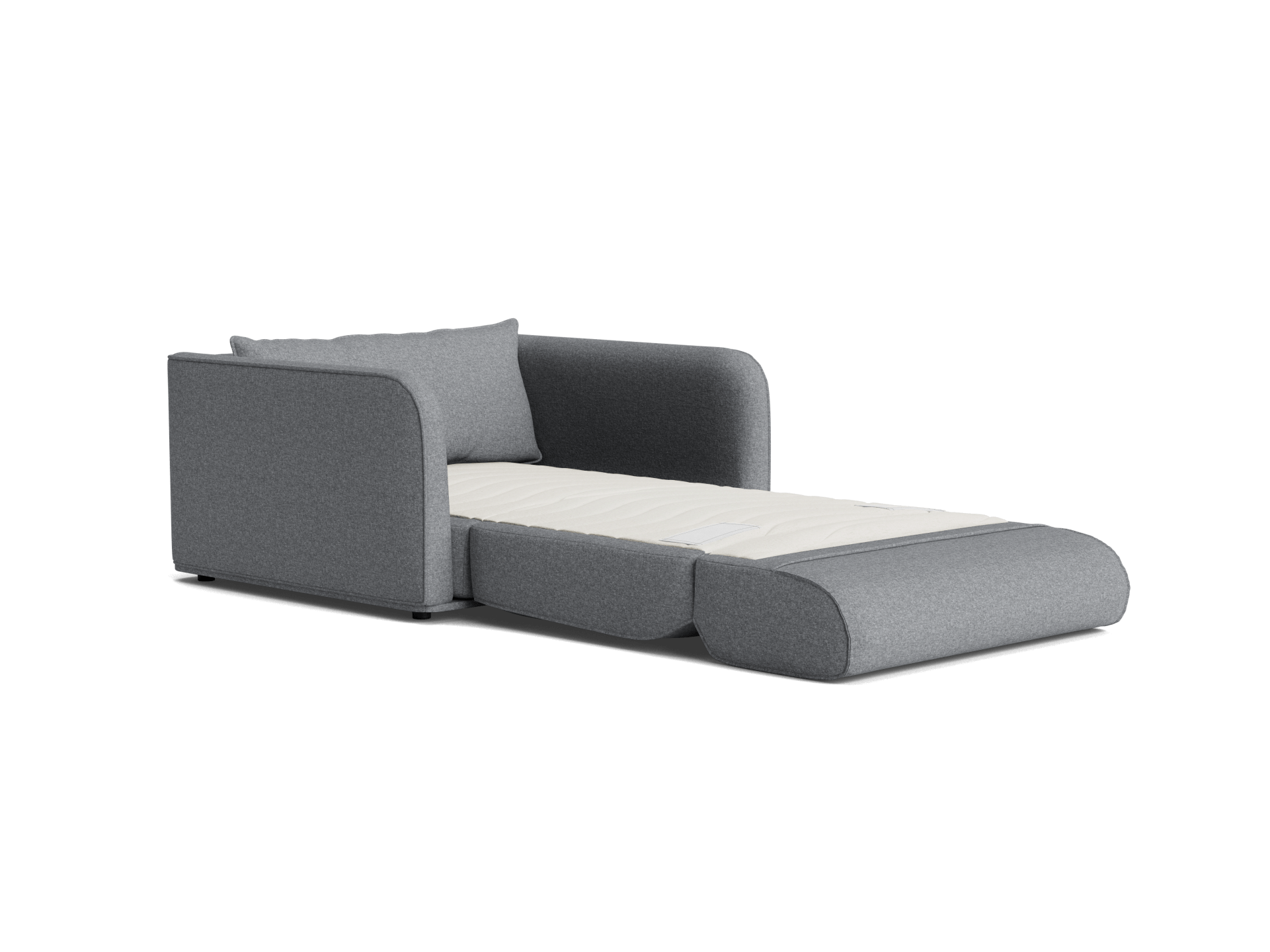 A modern, light grey sofa extends into a chaise lounge, featuring a cream-colored cushion and a sleek, minimalist design.