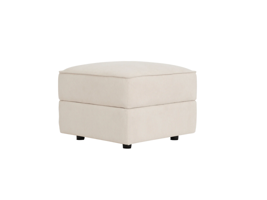 A light beige upholstered ottoman with a flat top and four black legs, featuring a simple, modern design.