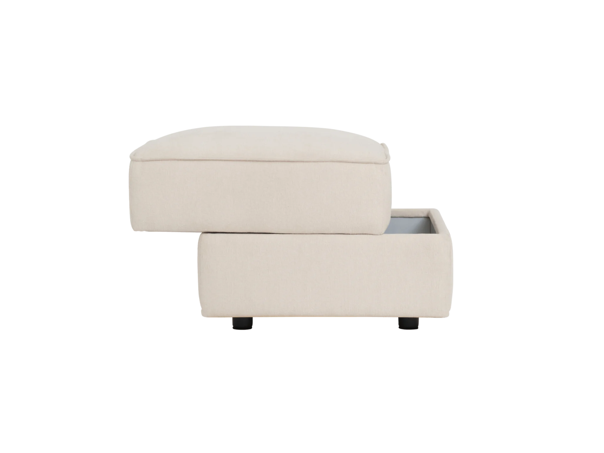 A light beige ottoman with a removable top, revealing a storage compartment below. It stands on short, black legs.