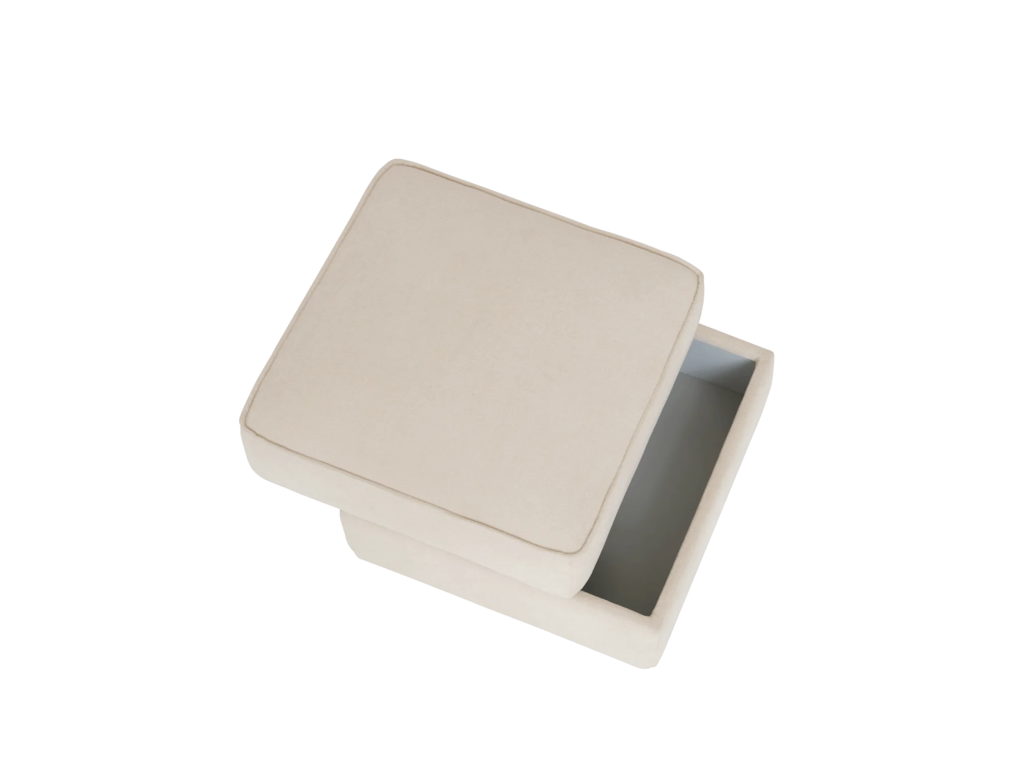 A light beige storage box with a soft, cushioned lid, partially open to reveal a gray interior.