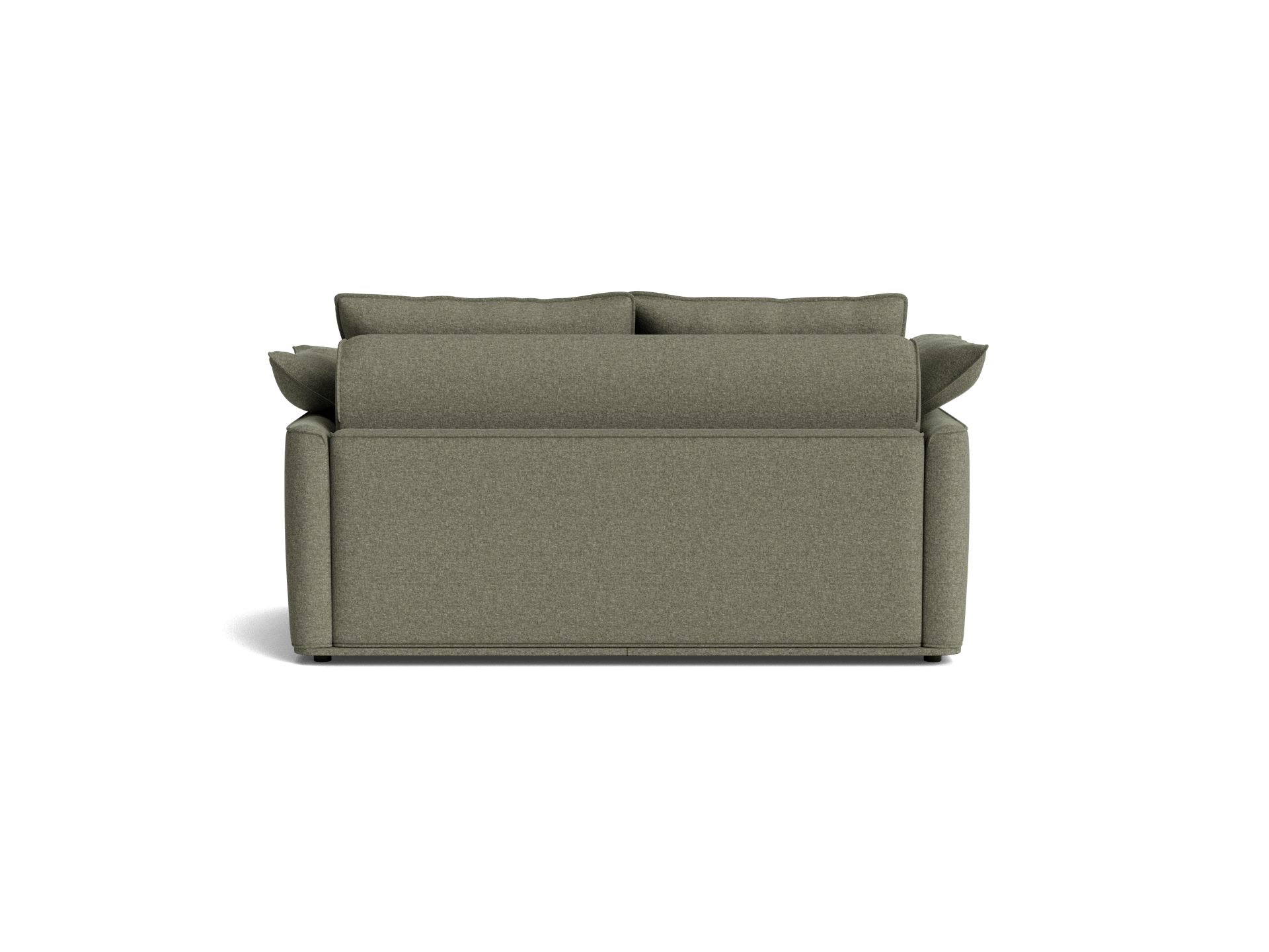 A rectangular, olive green sofa with two plush back cushions and soft armrests, viewed from the back against a transparent background.