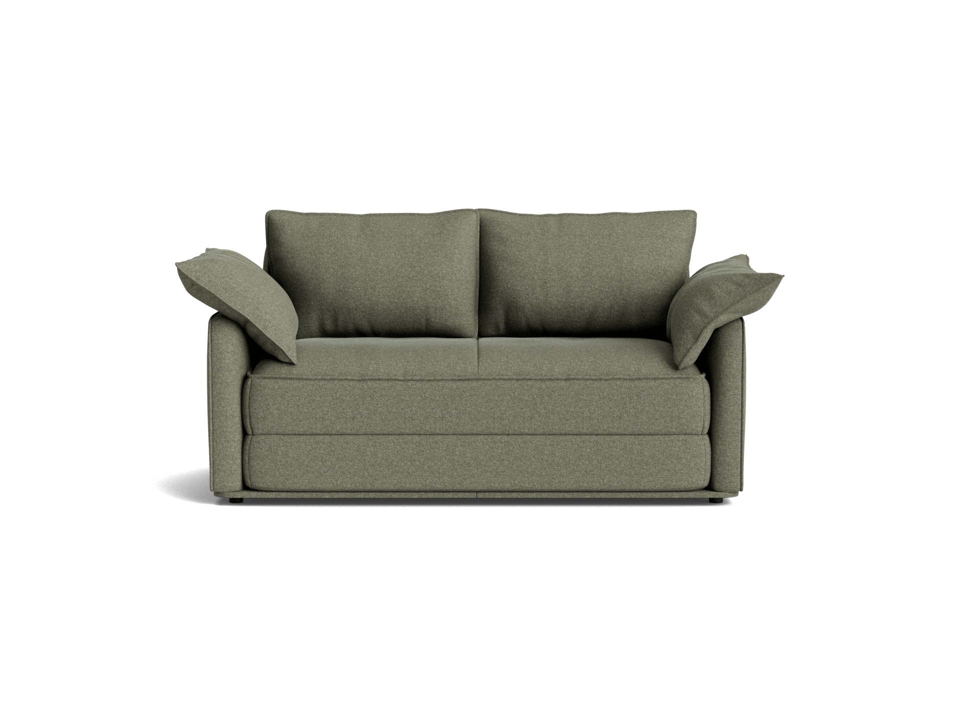 A two-seater sofa in an olive green fabric, featuring two loose back cushions and rolled armrests against a transparent background.