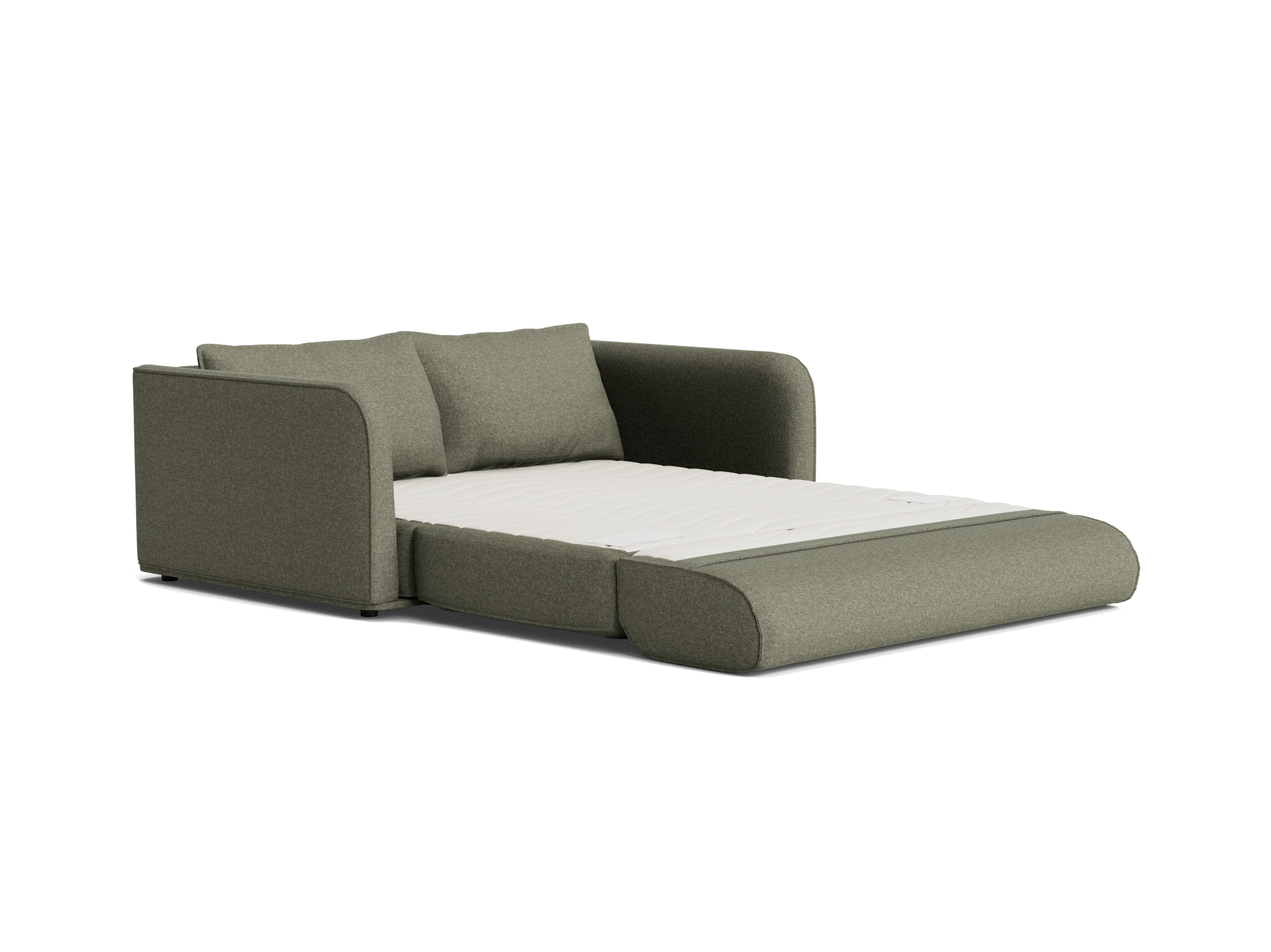 A sleek, olive green sofa bed with two back cushions and a rolled arm design, extended with a white mattress visible.