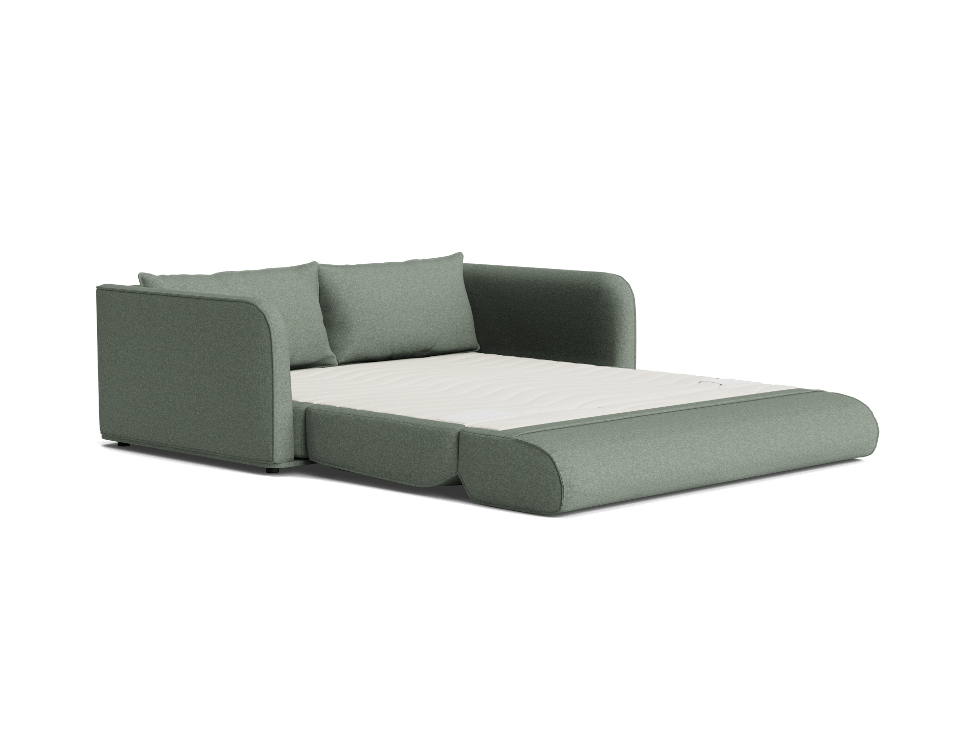 A modern, light green sofa bed with two matching cushions and white fabric mattress, half extended into a sleeping position.