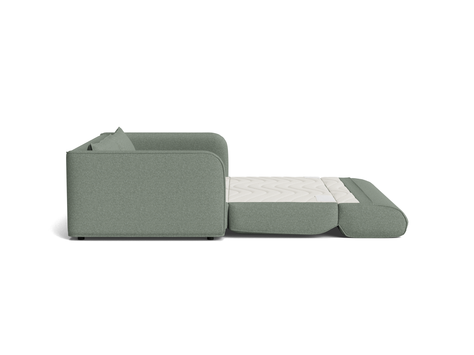 A minimalist, light green sofa with a pull-out bed, featuring a white mattress with a zigzag pattern, positioned at a slight angle.