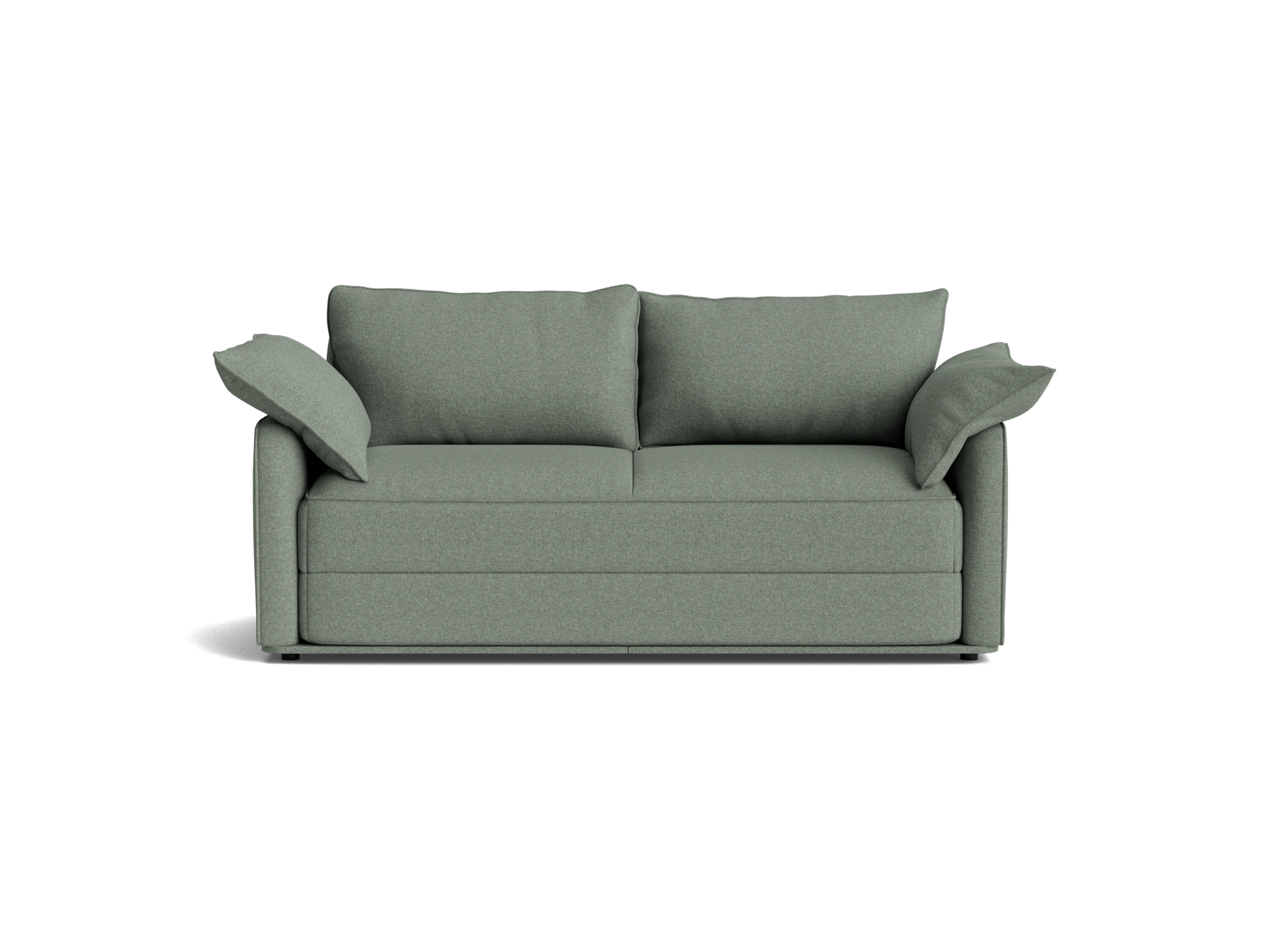 A soft green sofa with two back cushions and two angled armrest cushions, set against a transparent background.