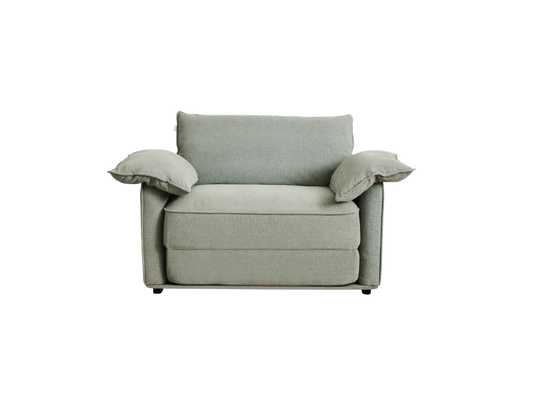 A light grey armchair with two plush side cushions and a slightly larger seat cushion, featuring a simple and modern design.