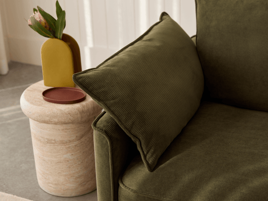 Koala Sofa Bed King in olive green corduroy close-up with washable changeable fabrics text overlay