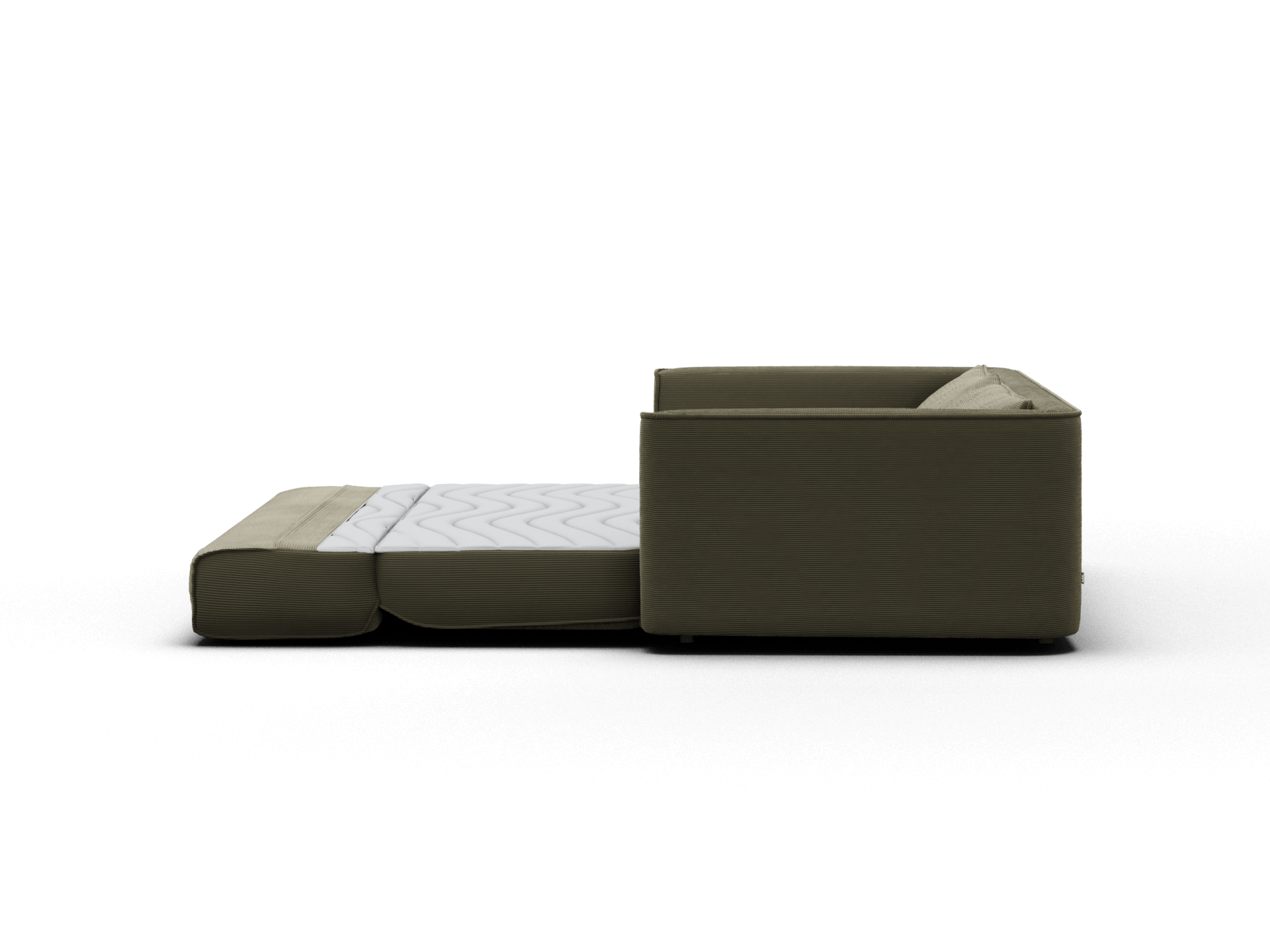 Koala Sofa Bed King in olive green corduroy unfolded into bed mode three-quarter view on grey studio background