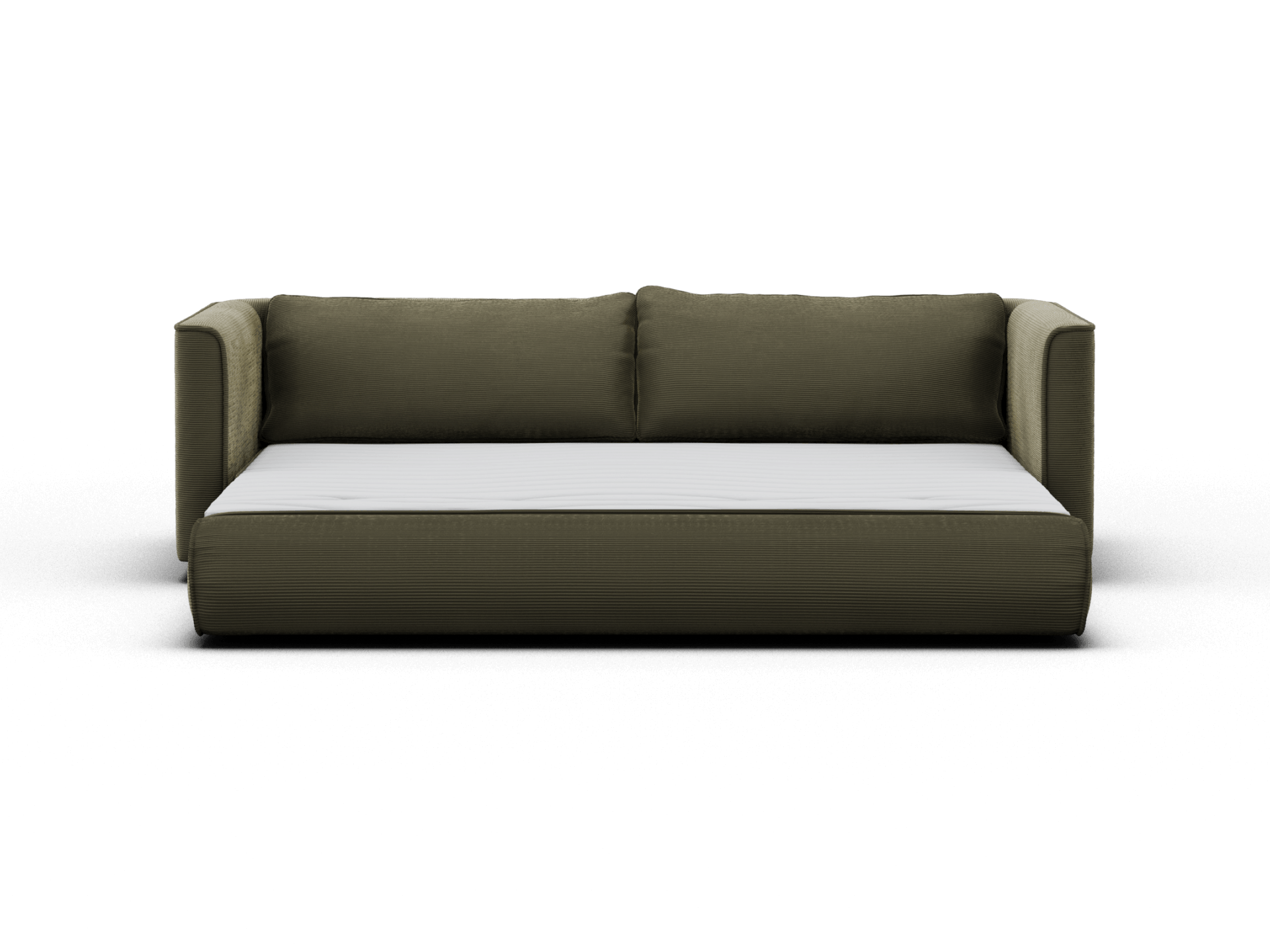 Koala Sofa Bed King in olive green corduroy three-quarter angle sofa mode on grey studio background