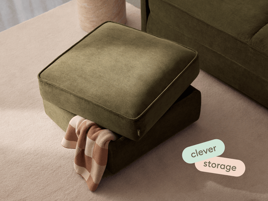 Olive green corduroy ottoman with hidden storage, featuring a lift-top design. Perfect for contemporary living spaces with plush, textured appeal.