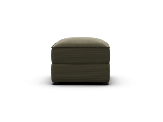 Luxurious ottoman featuring olive green fabric, subtle ribbed texture, and plush cushioning. Perfect for sophisticated, contemporary living spaces.
