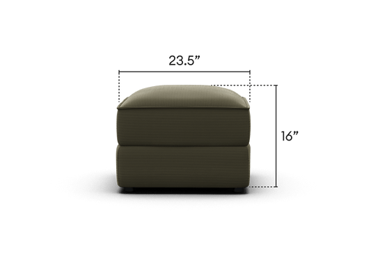 Luxurious ottoman in olive green fabric, featuring a sleek, modern design with plush cushioning. Compact size, ideal for contemporary living spaces.