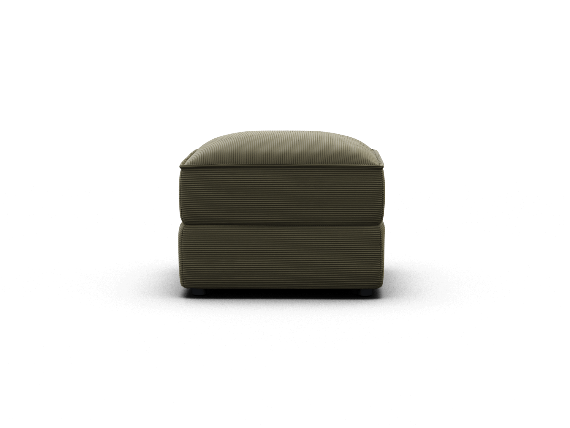 Luxurious dark olive ottoman with ribbed upholstery, cushioned top, and minimalist design, perfect for a contemporary living space.