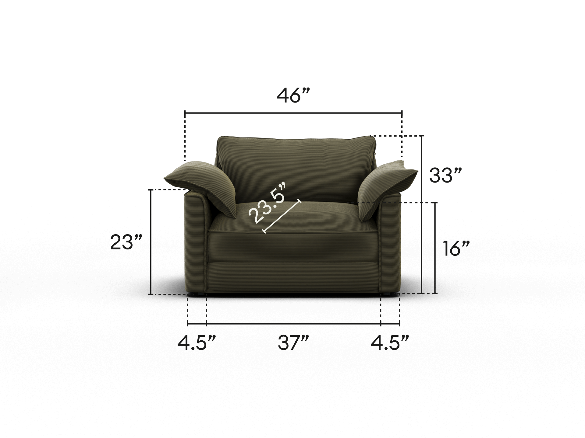 Luxurious olive-green armchair, featuring plush cushions, wide armrests, and premium fabric upholstery. Measures 46" wide, perfect for modern interiors.