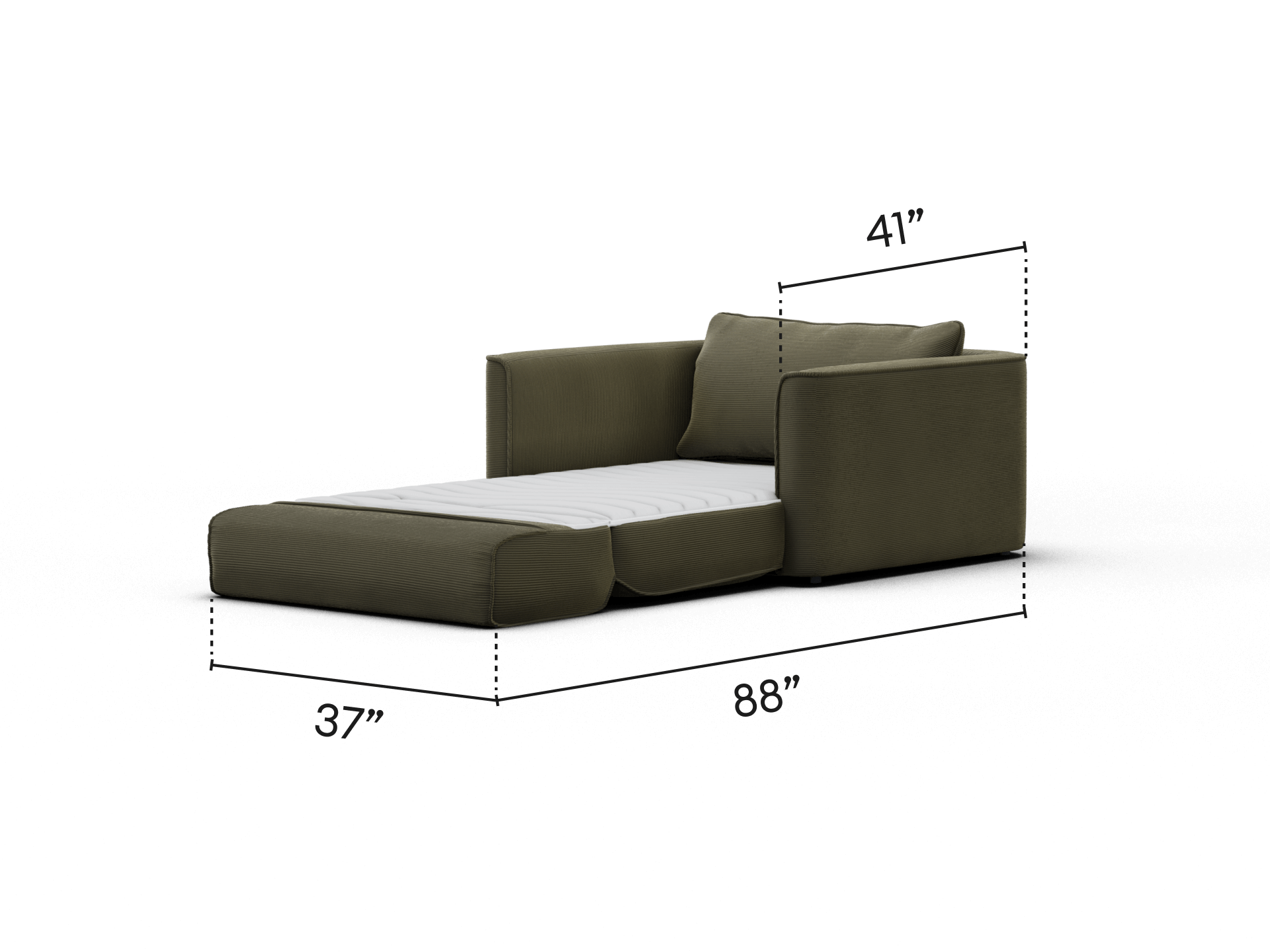 Olive green fabric sofa bed, featuring plush cushions and sleek armrests. Extends smoothly for added comfort, perfect for a modern living space.