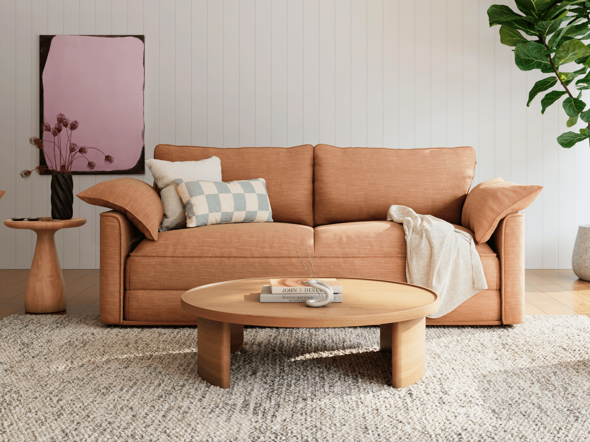 Koala Cushy Sofa Bed in terracotta styled in modern living room setting