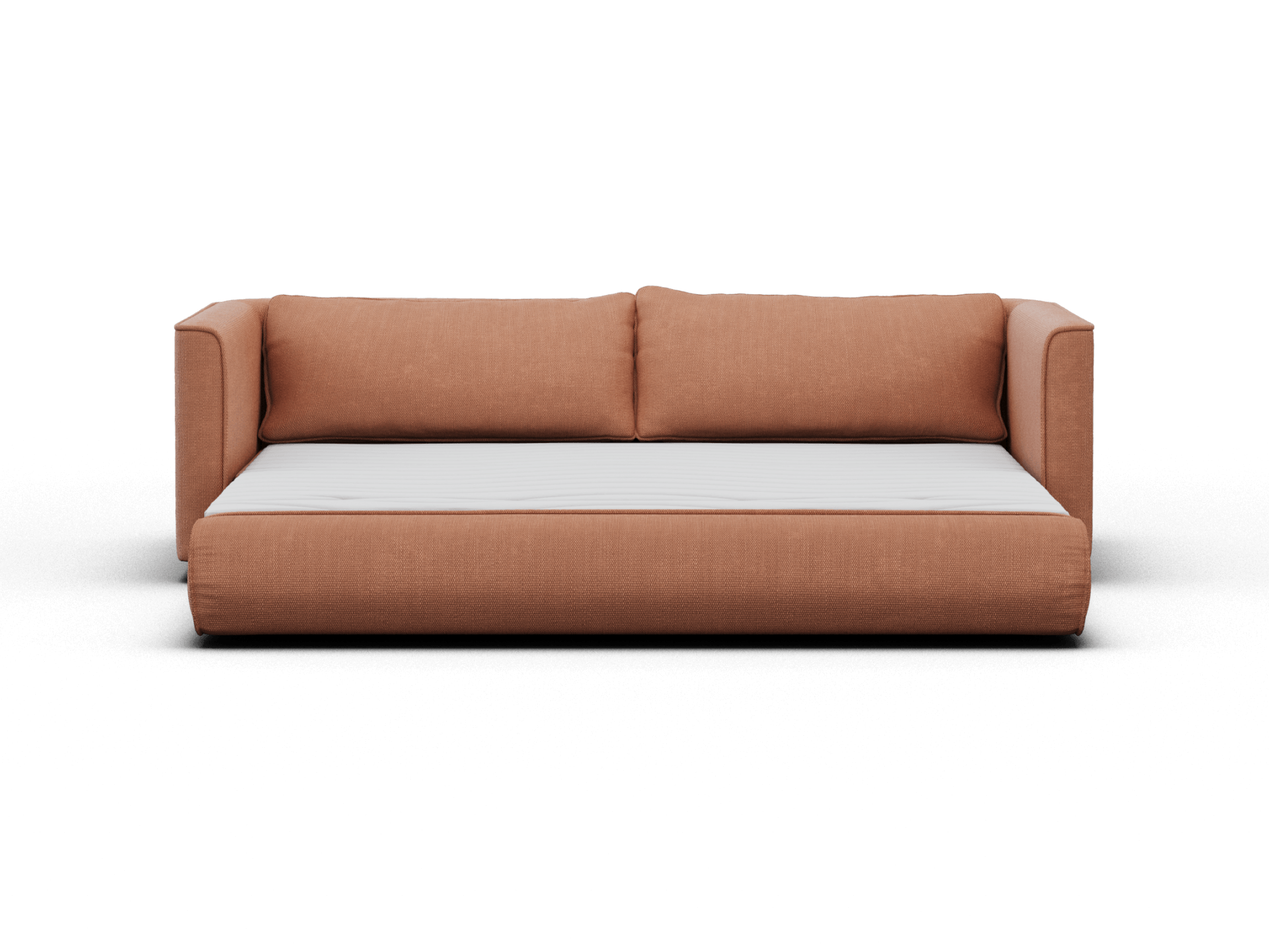 Koala Cushy Sofa Bed in terracotta studio front view in sofa mode with cushions