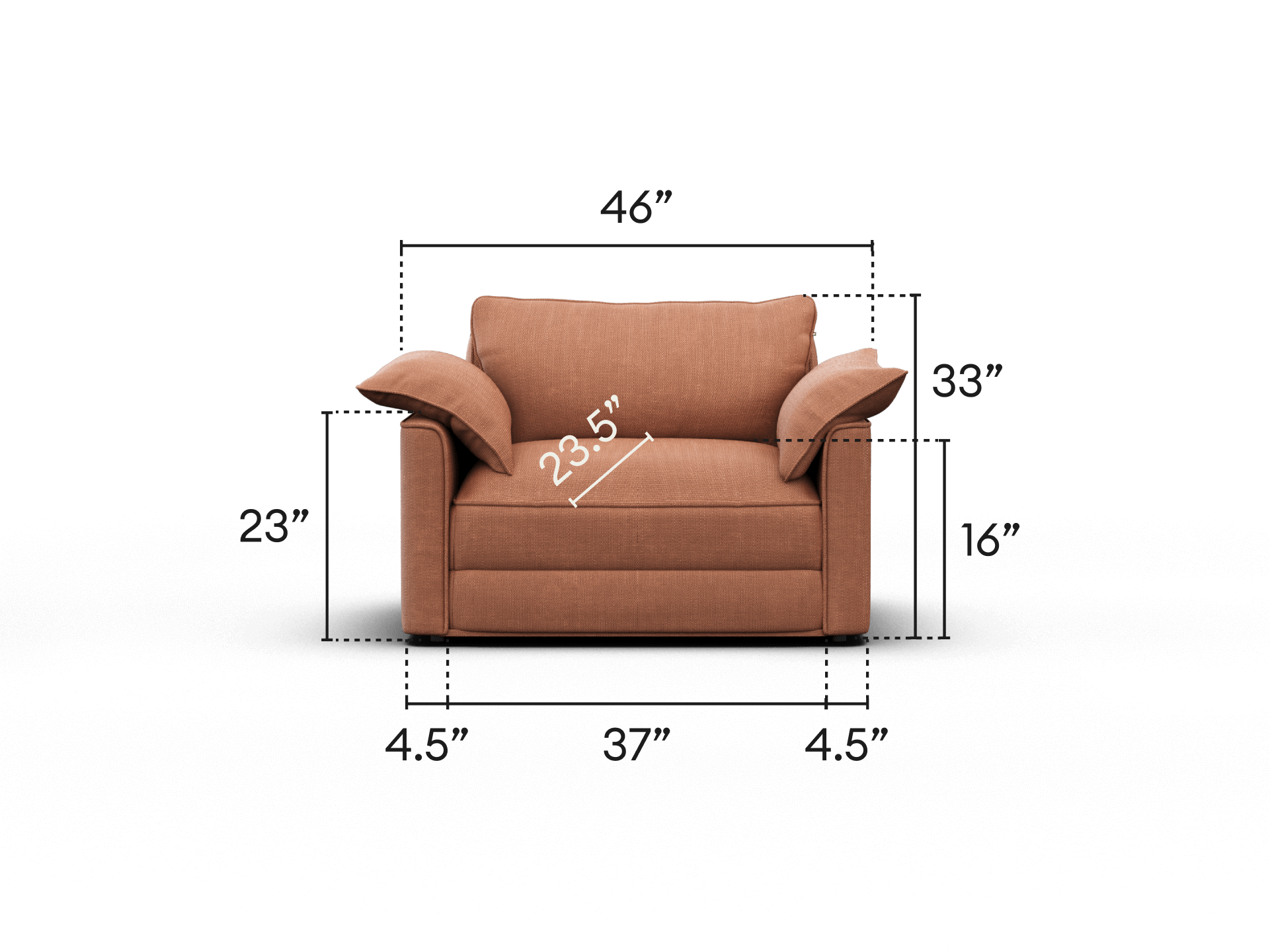 Luxurious terracotta fabric armchair with plush cushions, wide armrests, and sleek black legs, perfect for a sophisticated living space.