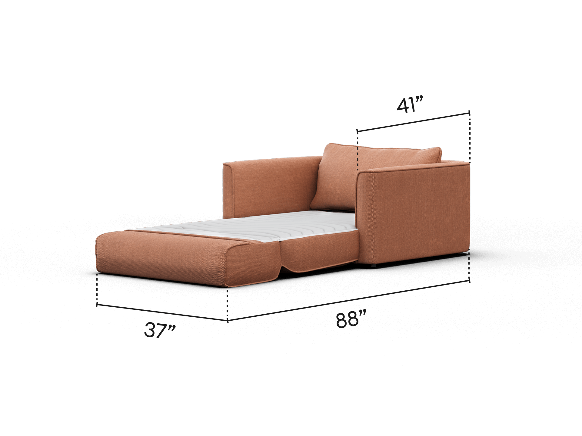 Premium sofa bed in rich terracotta fabric, featuring plush cushions and minimalist design. Extends smoothly, ideal for chic, modern living spaces.