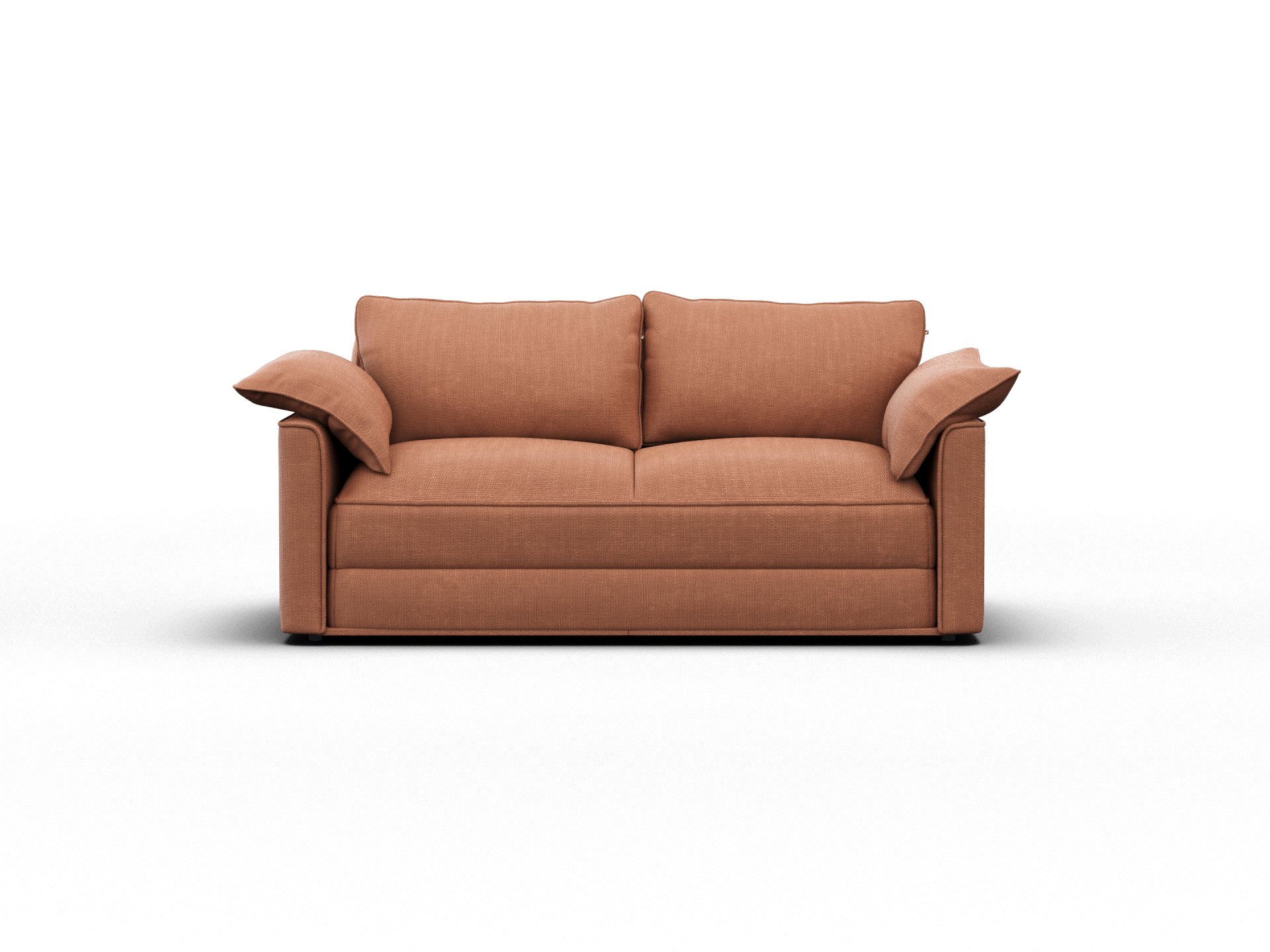 Luxurious two-seater sofa in warm terracotta fabric, featuring plush cushioning and wide armrests. Perfect for modern living rooms seeking chic sophistication.