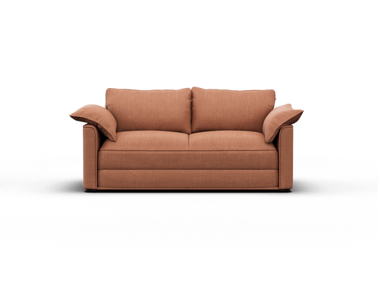 Luxurious two-seater sofa in warm terracotta fabric, featuring plush cushioning and wide armrests. Perfect for modern living rooms seeking chic sophistication.